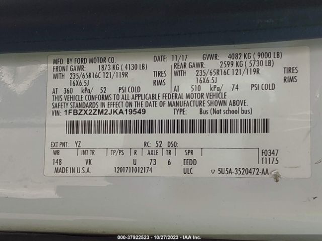 1FBZX2ZM2JKA19549 Ford Transit Passenger Wagon Xl/xlt