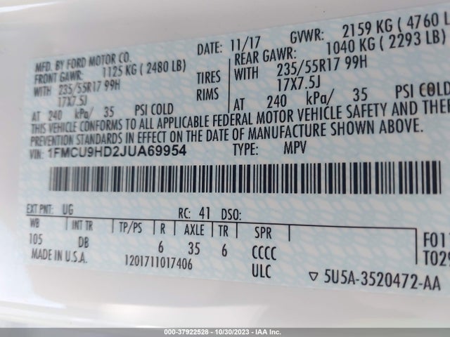 Ford ESCAPE SEL 2018 1FMCU9HD2JUA69954 Image 9