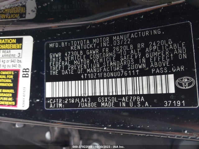 2022 TOYOTA AVALON LIMITED VIN: 4T1DZ1FB0NU076111