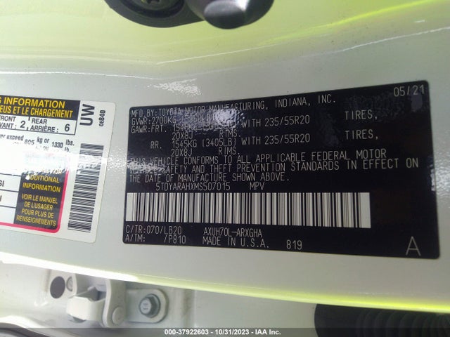 Toyota HIGHLANDER HYBRID 2021 5TDYARAHXMS507015 Image 9