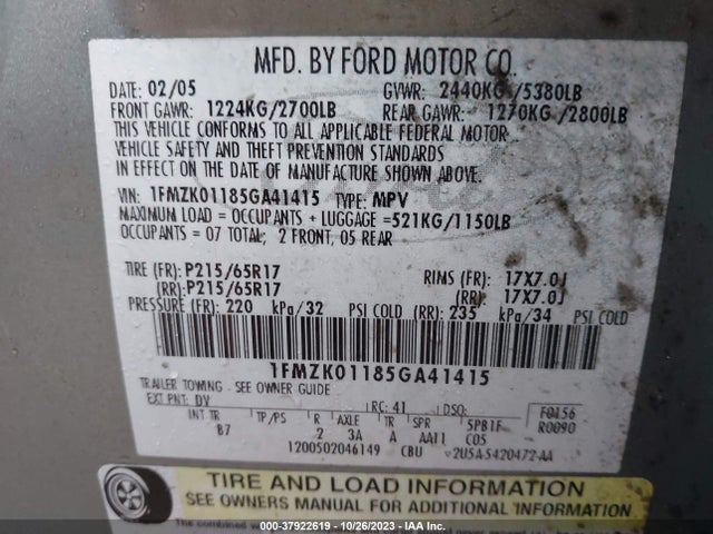 2005 FORD FREESTYLE SE VIN: 1FMZK01185GA41415