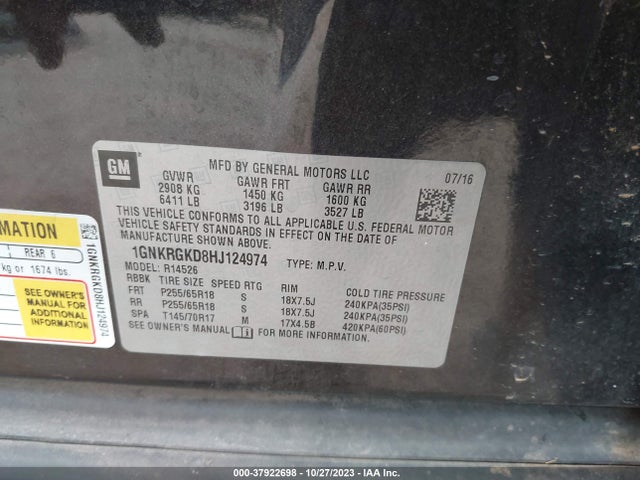 Chevrolet Traverse Lt 2017 1GNKRGKD8HJ124974 Image 9