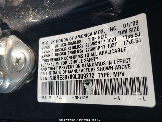 2009 HONDA CR-V EX-L VIN: 5J6RE38789L009272