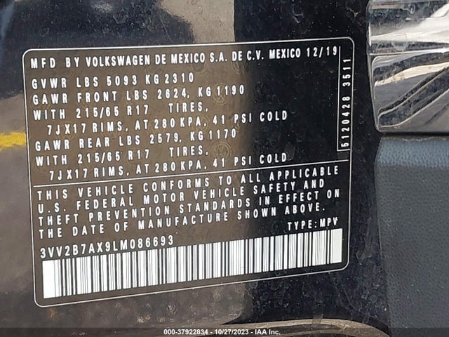 2020 VOLKSWAGEN TIGUAN SE VIN: 3VV2B7AX9LM086693