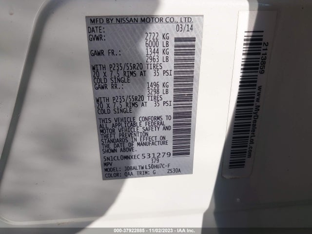 2014 INFINITI QX60 HYBRID VIN: 5N1CL0MNXEC531279