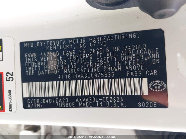 Toyota CAMRY SE 2020 4T1G11AK3LU975635 Image 9