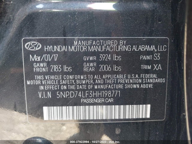 2017 HYUNDAI ELANTRA SE VIN: 5NPD74LF3HH198771