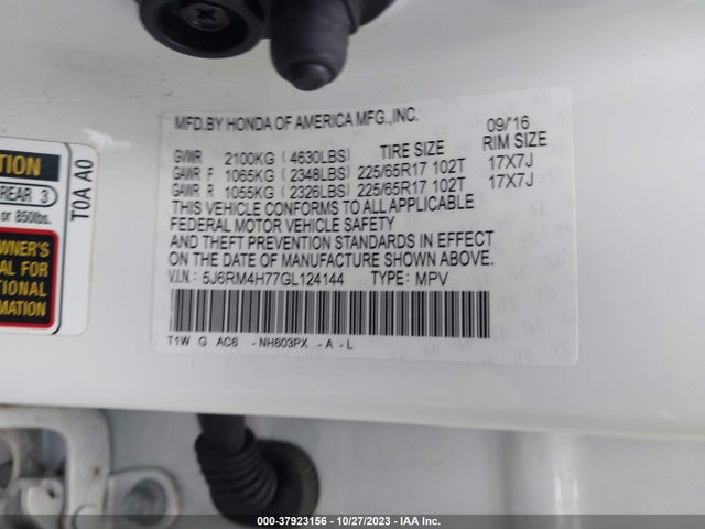Honda Cr-v Ex-l 2016 5J6RM4H77GL124144 Image 9