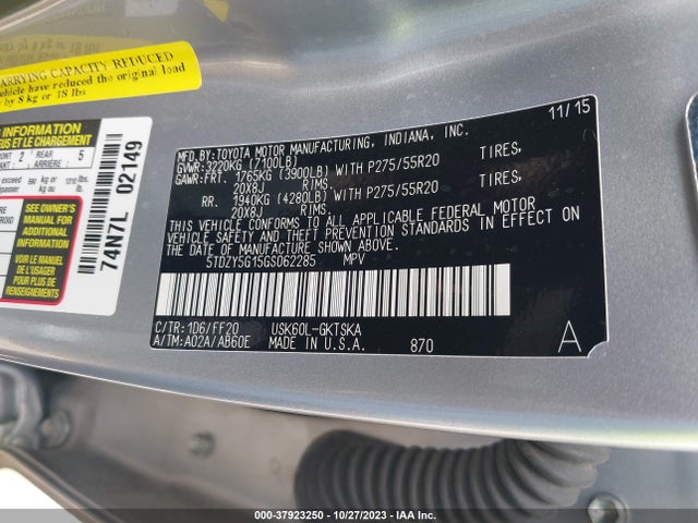 Toyota Sequoia Sr5 2016 5TDZY5G15GS062285 Image 9