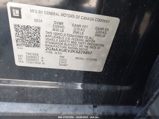 2019 CHEVROLET EQUINOX LT VIN: 2GNAXUEV2K6229857