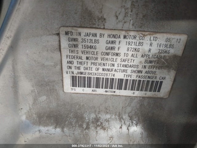 2012 HONDA FIT VIN: JHMGE8H3XCC028774