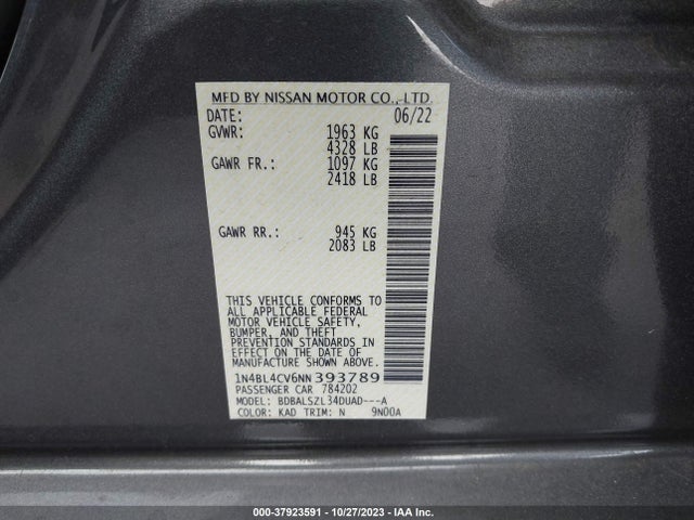 2022 NISSAN ALTIMA SR FWD VIN: 1N4BL4CV6NN393789