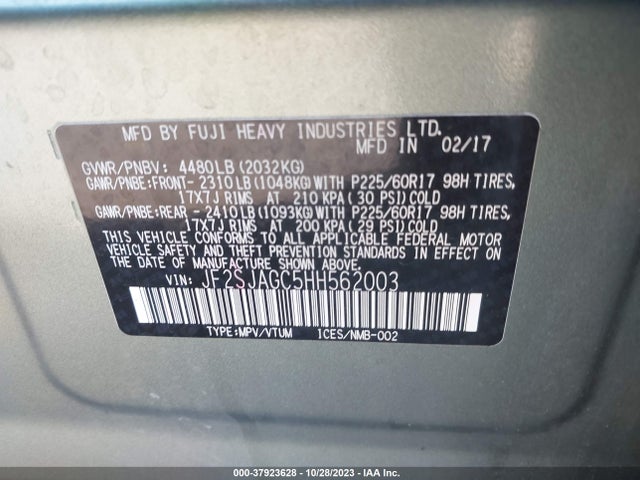 2017 SUBARU FORESTER 2.5I PREMIUM VIN: JF2SJAGC5HH562003