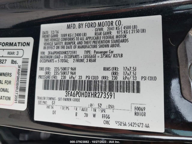 Ford FUSION SE 2017 3FA6P0HDXHR273591 Image 9