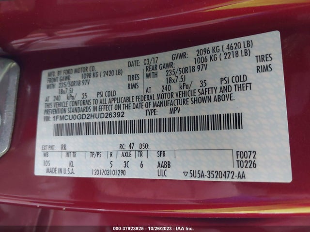 Ford ESCAPE SE 2017 1FMCU0GD2HUD26392 Image 9