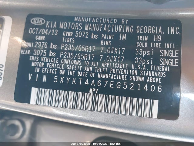 KIA SORENTO LX 2014 5XYKT4A67EG521406 Image 9