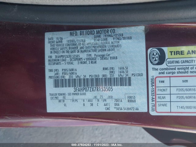 2007 FORD FUSION SE VIN: 3FAHP07ZX7R153505
