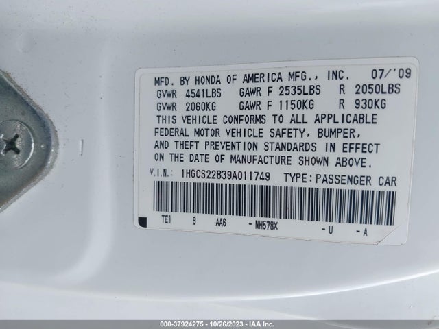 2009 HONDA ACCORD CPE EX-L VIN: 1HGCS22839A011749