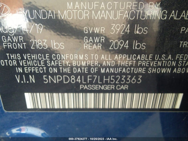 2020 HYUNDAI ELANTRA SEL VIN: 5NPD84LF7LH523363
