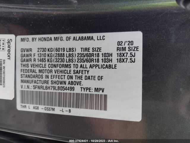 5FNRL6H79LB054499 Honda Odyssey Ex-l/ex-l W/navi & Res