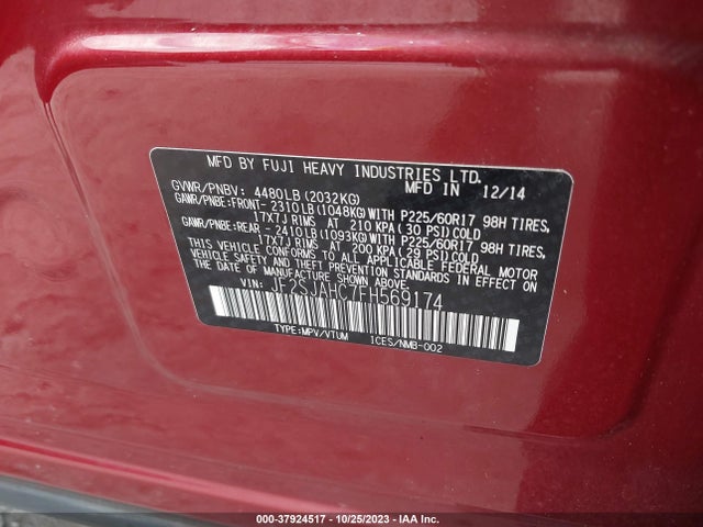 2015 SUBARU FORESTER 2.5I LIMITED VIN: JF2SJAHC7FH569174