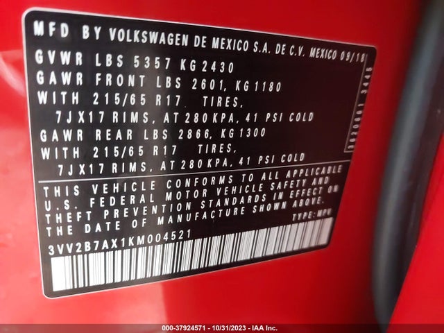 3VV2B7AX1KM004521 Volkswagen Tiguan Se/sel/sel R-line
