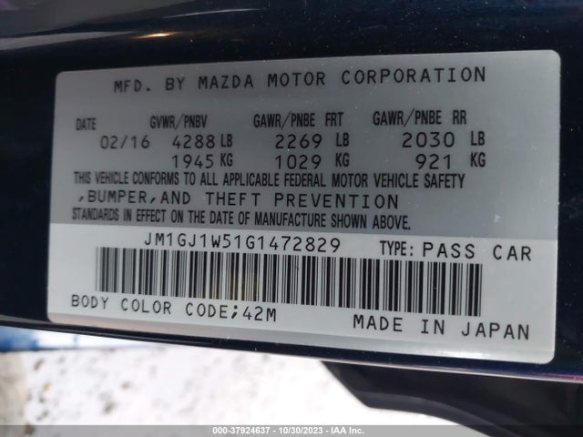 2016 MAZDA MAZDA6 I GRAND TOURING VIN: JM1GJ1W51G1472829