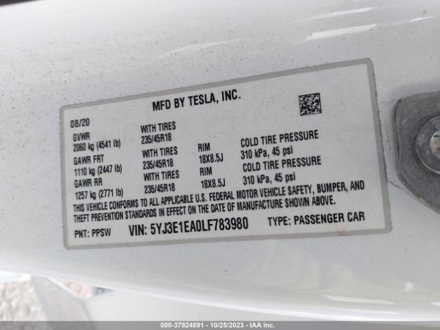 5YJ3E1EA0LF783980 Tesla Model 3 Standard Range