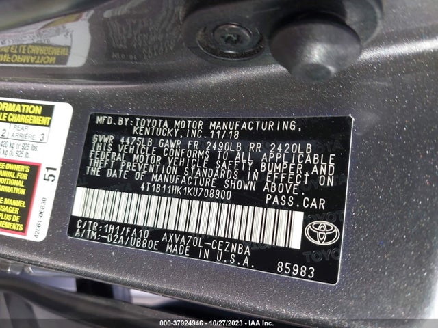 2019 Toyota Camry Le მანქანა იყიდება აუქციონზე, vin: 4T1B11HK1KU708900, აუქციონის ნომერი: 37924946