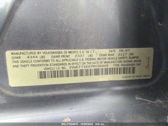 2007 VOLKSWAGEN JETTA SEDAN WOLFSBURG EDITION VIN: 3VWEF71K97M196909
