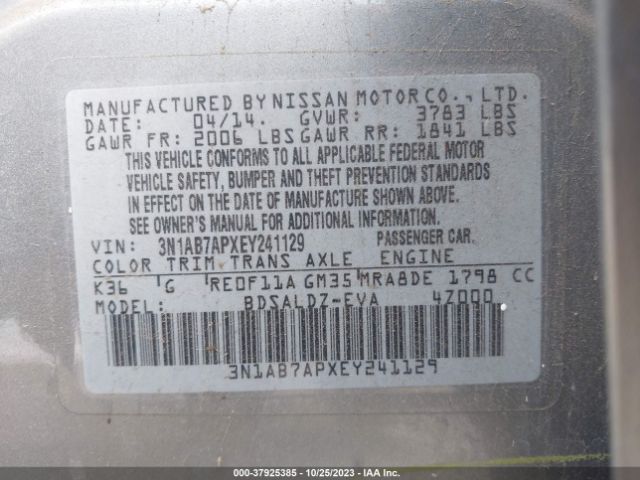 3N1AB7APXEY241129 Nissan Sentra S/fe+ S/sv/fe+ Sv/sr/sl
