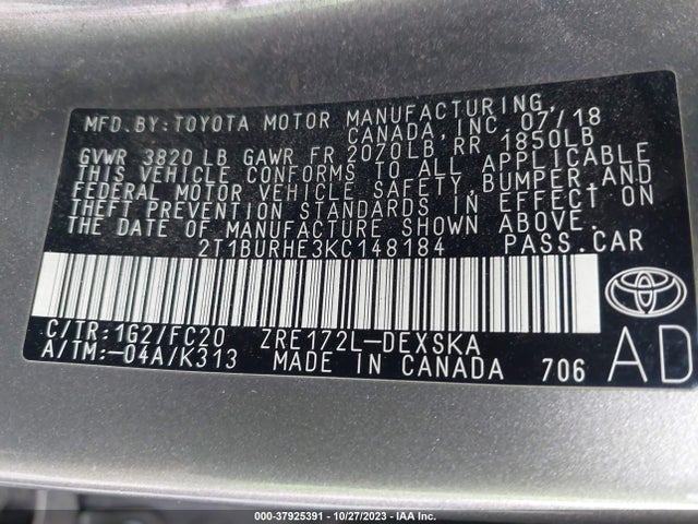 Toyota Corolla L/le/se/xle/xse 2019 2T1BURHE3KC148184 Image 9