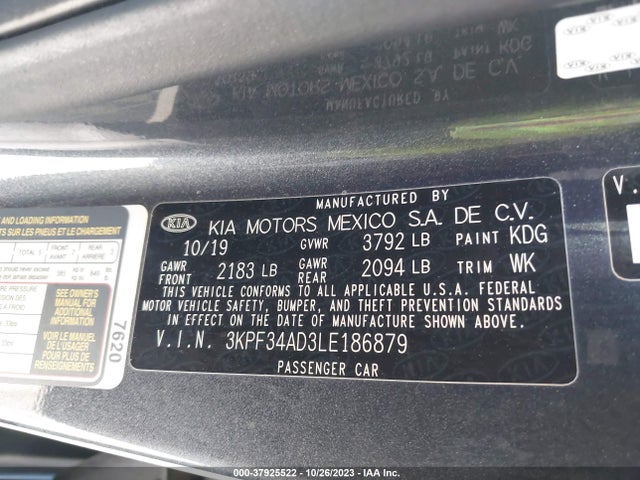 2020 KIA FORTE GT LINE VIN: 3KPF34AD3LE186879