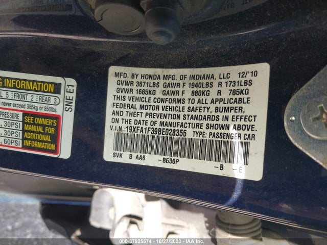 2011 HONDA CIVIC VP VIN: 19XFA1F39BE028355