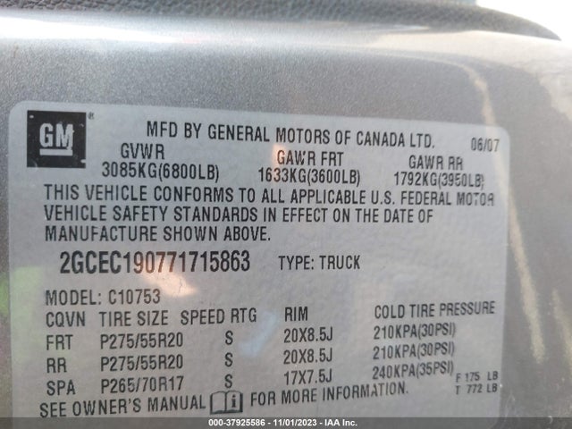 2007 CHEVROLET SILVERADO 1500 LT2 VIN: 2GCEC190771715863