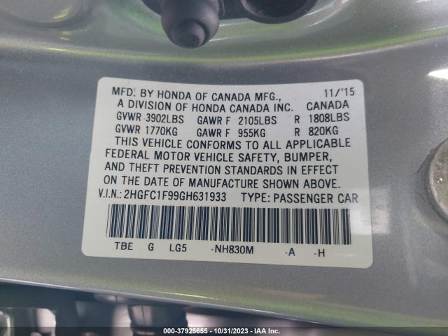 2016 HONDA CIVIC TOURING VIN: 2HGFC1F99GH631933