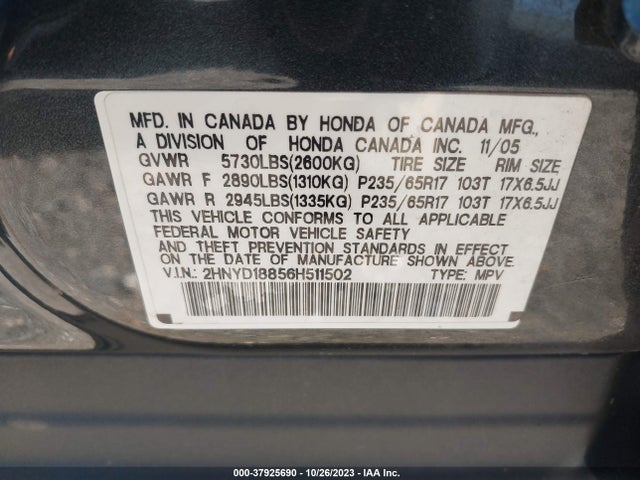 2006 ACURA MDX TOURING W/NAVI VIN: 2HNYD18856H511502