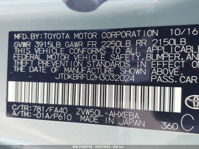 Toyota Prius Two 2017 JTDKBRFU2H3032024 Image 9
