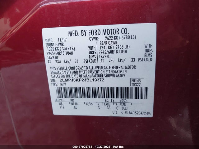 2018 LINCOLN MKX SELECT VIN: 2LMPJ8KP2JBL19372