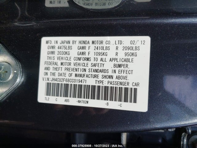 2012 ACURA TSX 2.4 VIN: JH4CU2F68CC019471