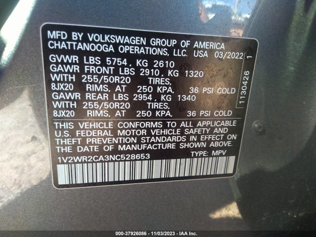 2022 VOLKSWAGEN ATLAS 3.6L V6 SE W/TECHNOLOGY VIN: 1V2WR2CA3NC528653