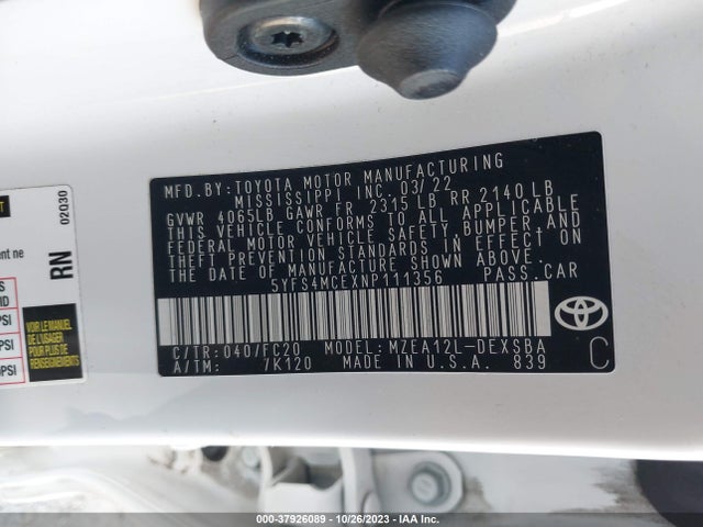 2022 TOYOTA COROLLA SE NIGHTSHADE EDITION VIN: 5YFS4MCEXNP111356