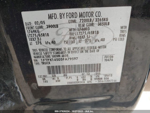 2005 FORD F-150 XLT/FX4/LARIAT/XL VIN: 1FTPX14505FA79597
