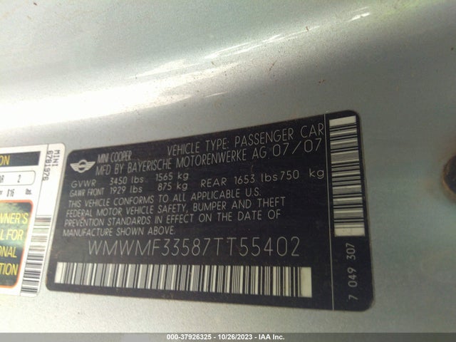 2007 MINI COOPER HARDTOP WMWMF33587TT55402 Photo 8