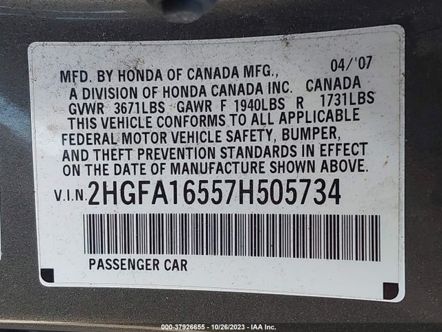 2007 HONDA CIVIC SDN LX VIN: 2HGFA16557H505734