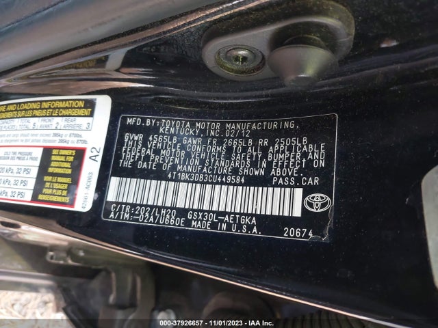 2012 TOYOTA AVALON VIN: 4T1BK3DB3CU449584