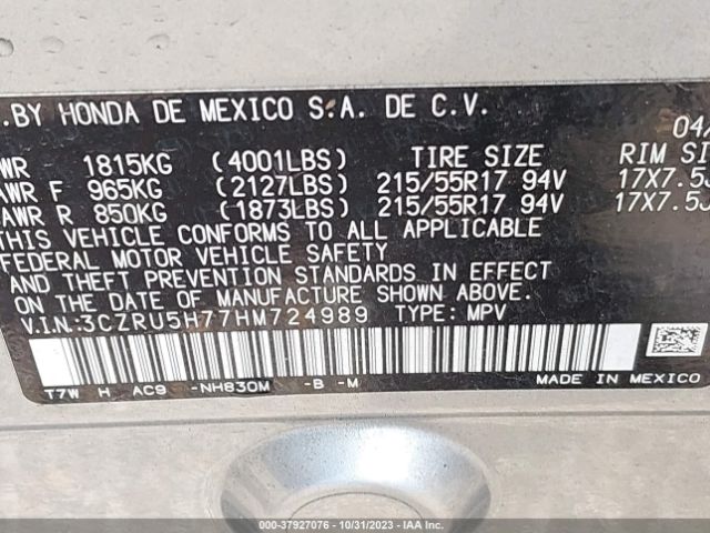 3CZRU5H77HM724989 Honda Hr-v Ex-l Navi