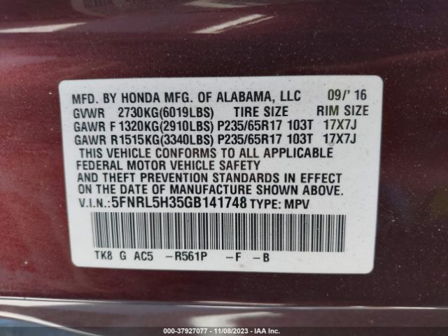 5FNRL5H35GB141748 Honda ODYSSEY SE