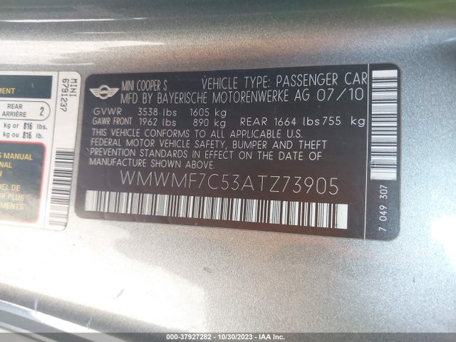 2010 MINI COOPER HARDTOP WMWMF7C53ATZ73905 Photo 8
