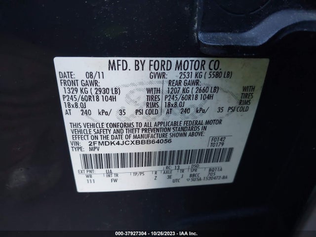 2011 FORD EDGE SEL VIN: 2FMDK4JCXBBB64056